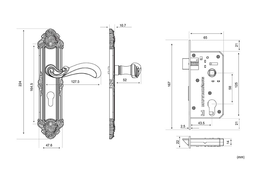 Bản vẽ kỹ thuật kh&oacute;a cửa EX-5829