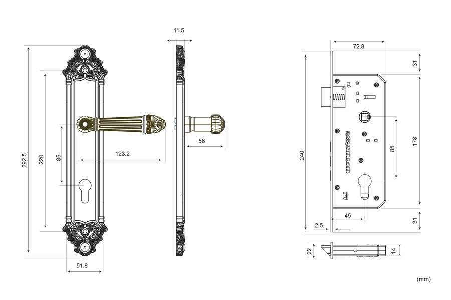 Bản vẽ kỹ thuật kh&oacute;a cửa EX-8526