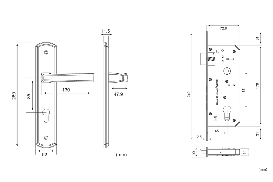 Bản vẽ kỹ thuật kh&oacute;a cửa SS-8510