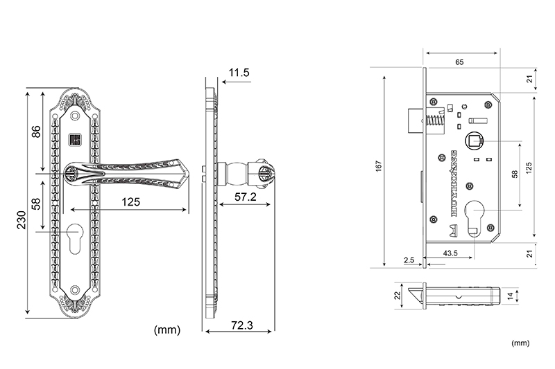 K&iacute;ch thước kh&oacute;a cửa ph&ograve;ng m&agrave;u đồng xước HCX5861
