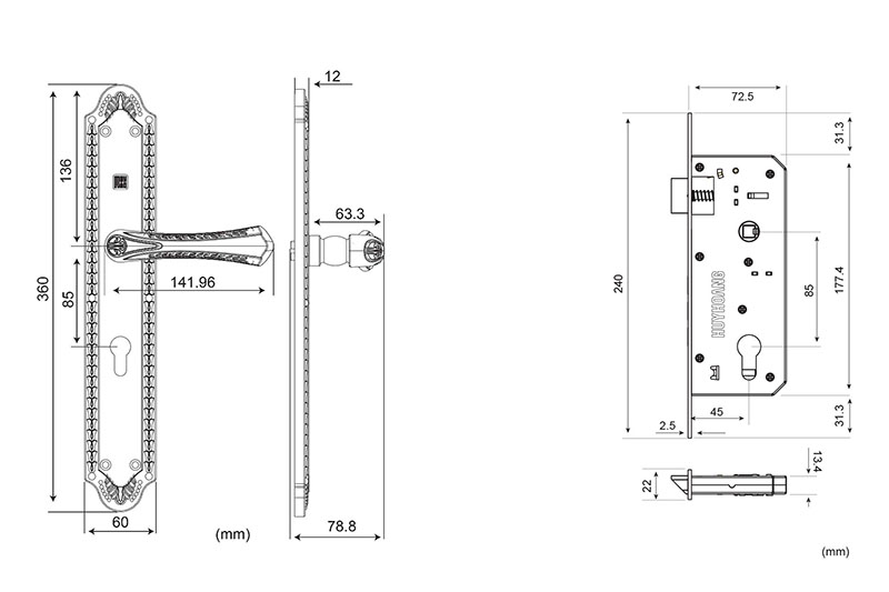 K&iacute;ch thước h&oacute;a tay gạt cửa đi m&agrave;u đồng xước HCX8561D