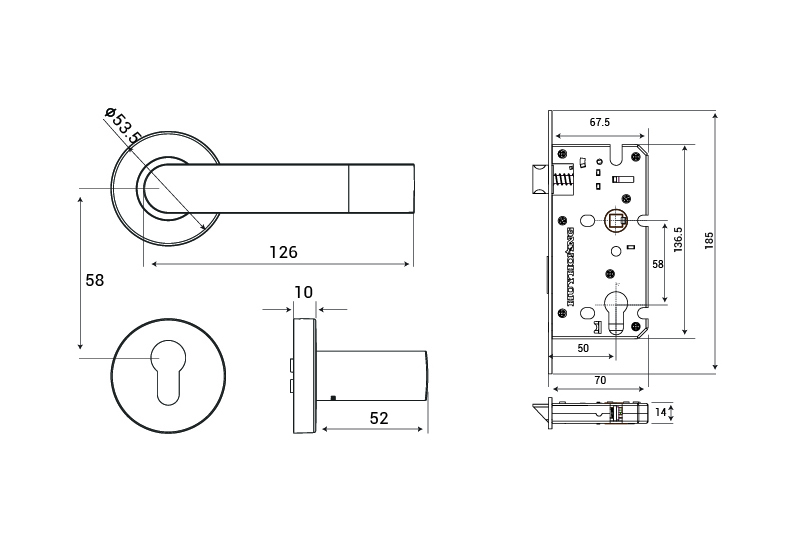 Bản vẽ kỹ thuật kh&oacute;a cửa TNPTSS5810-ABC