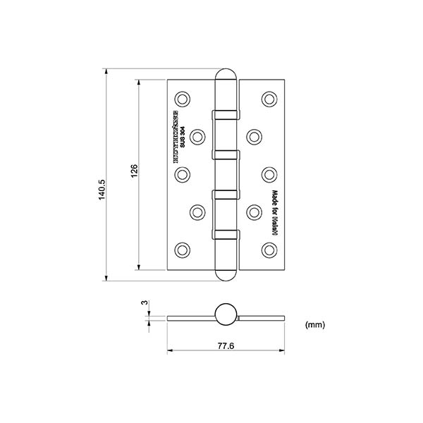 K&iacute;ch thước bản lề l&aacute; bằng inox SUS304 số 04 